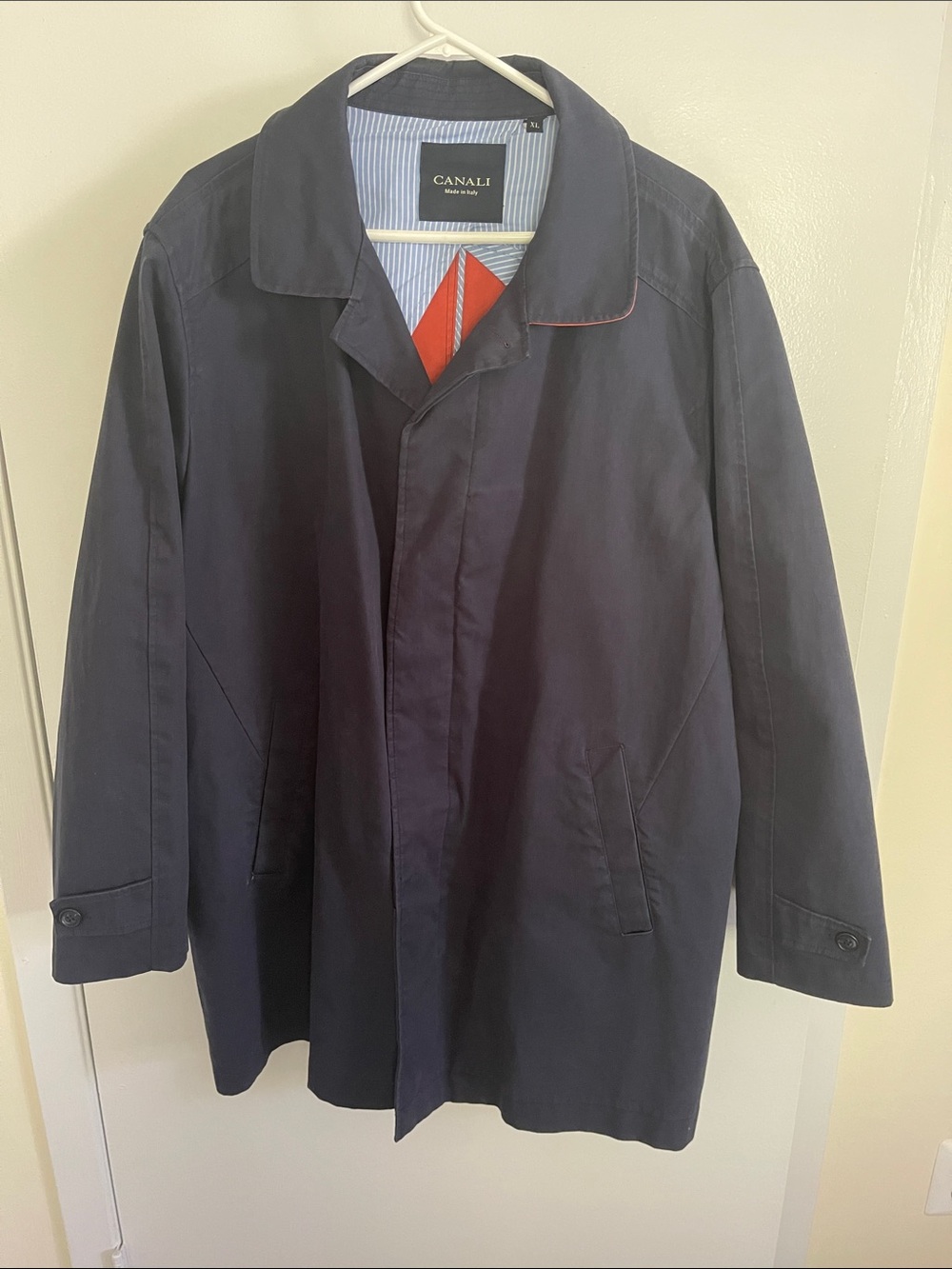 Canali Men's Dark Navy Trench Coat with Red Lining Detail